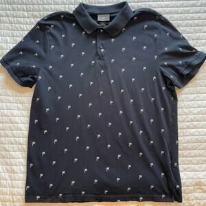 H&M Men's Cotton Slim Fit Navy Palm Tree Print Polo, size Large